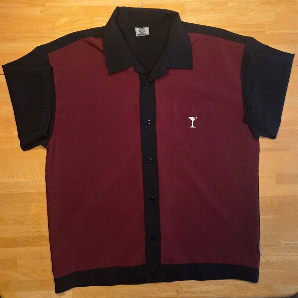 Vintage Bowling Shirt Men's L Burgundy/Black Button-Up Embroidered Martini Glass